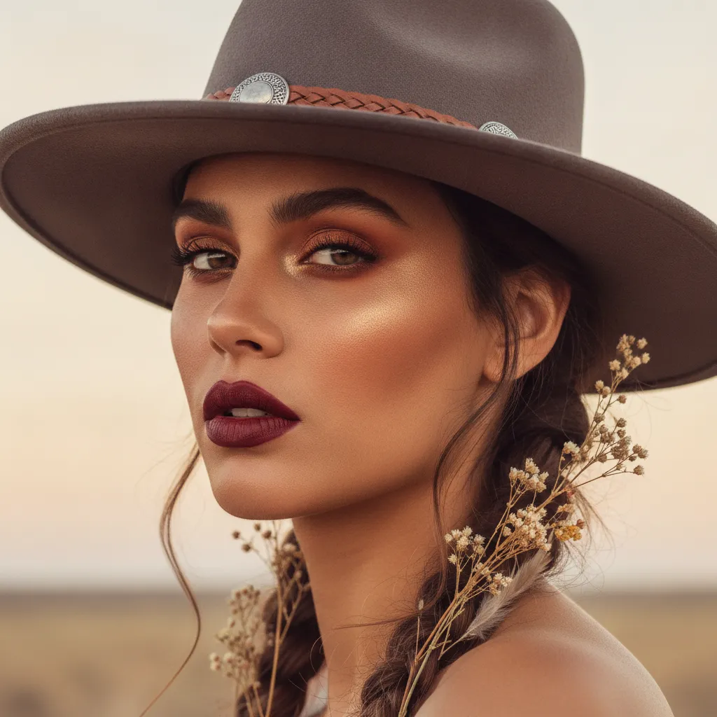 Maquillage western femme : smoky, teint doré et lèvres intenses